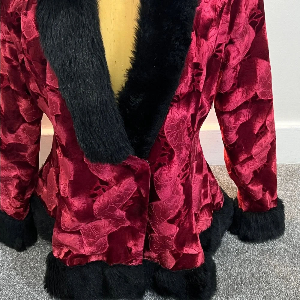 Elegant Custom Made Red Velvet Embossed Jacket w/ Black Furr Accents - Picture 3 of 7
